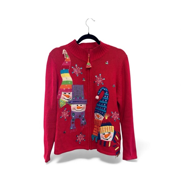 Vintage Sweaters - Vintage Y2K Era Tiara International Red Snowman Festive Winter Cardigan Size XL